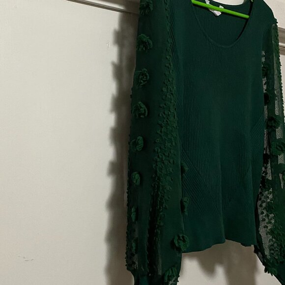 No Boundaries, forest green sweater w/green sheer decorated sleeves, size *L/XL - Picture 3 of 10